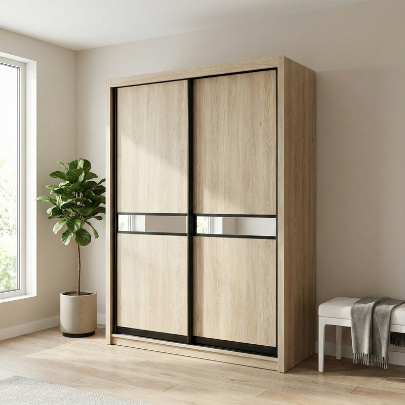 Scandinavian Light Oak Sliding Door Wardrobe with Black Trim