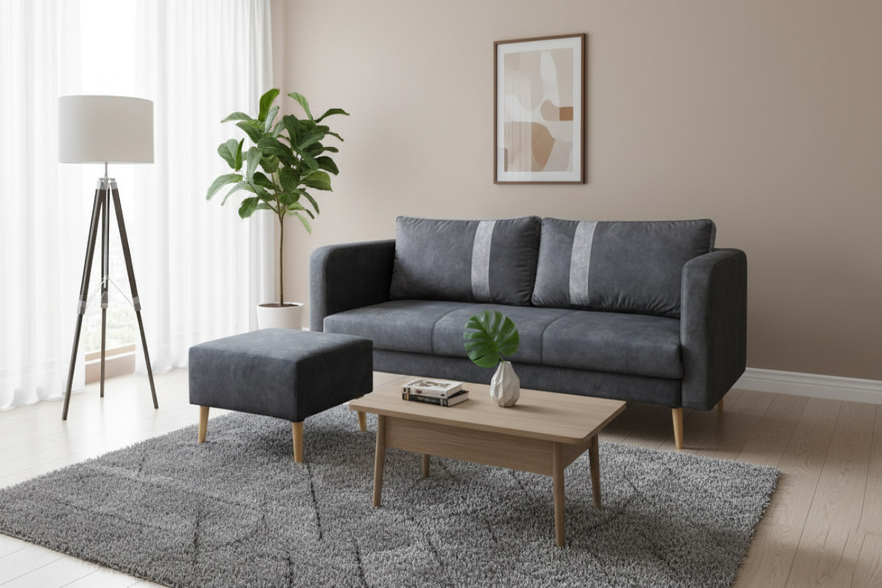 Modern living room with a gray sofa, ottoman, and coffee table.