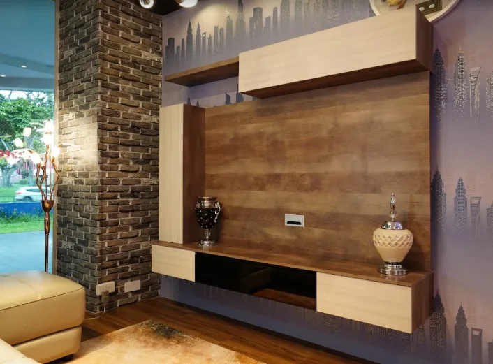 Modular TV feature wall display in the Mega Home Furnishing showroom