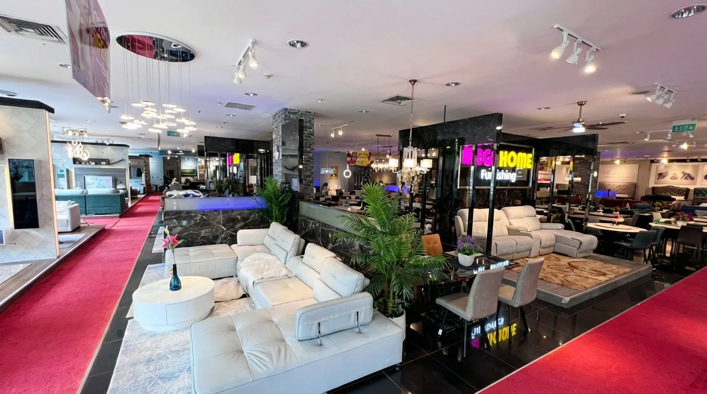 Mega Home Furnishing showroom interior with sofas on display