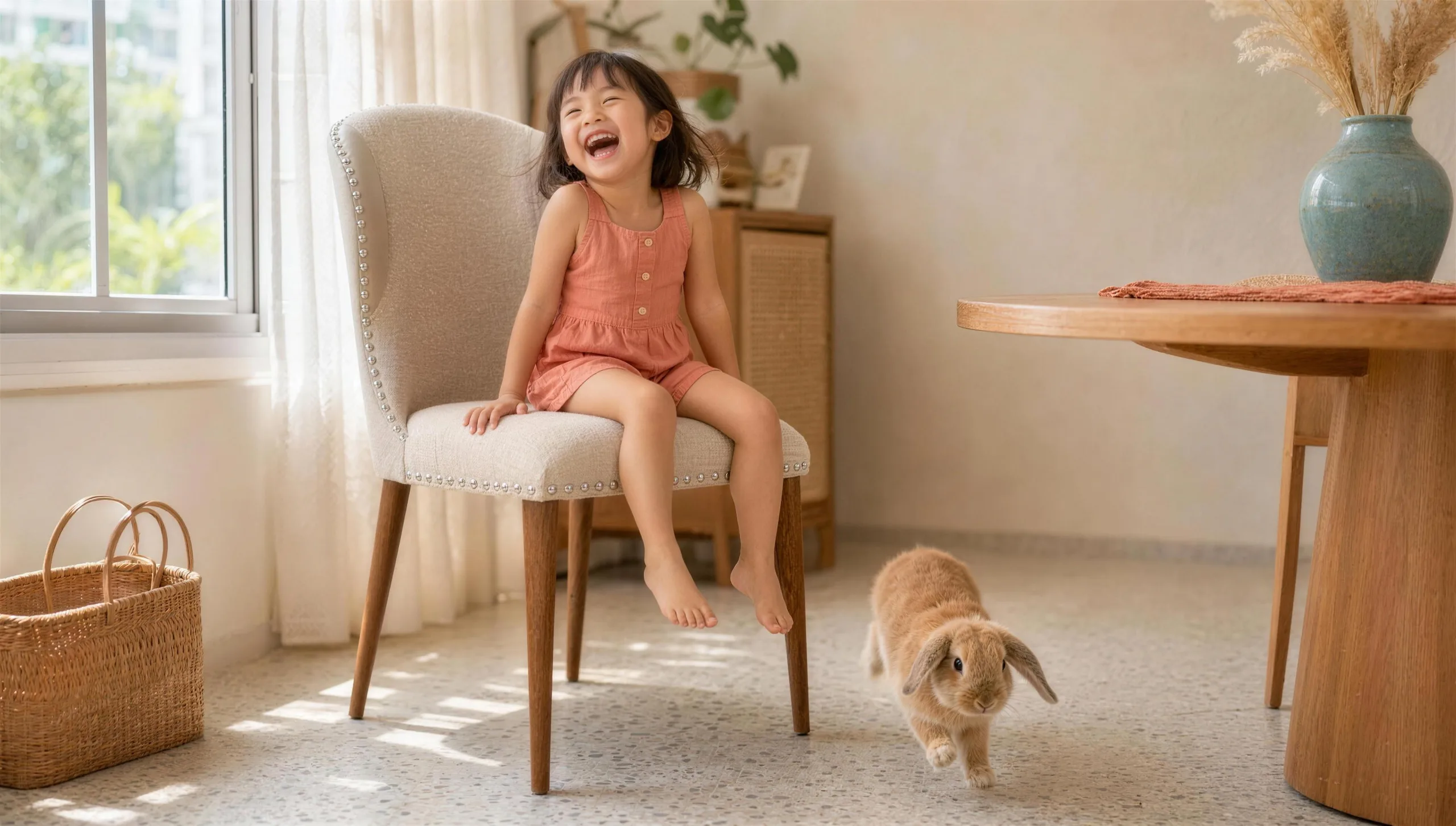 Child and pet playing around a Megahome dining chair