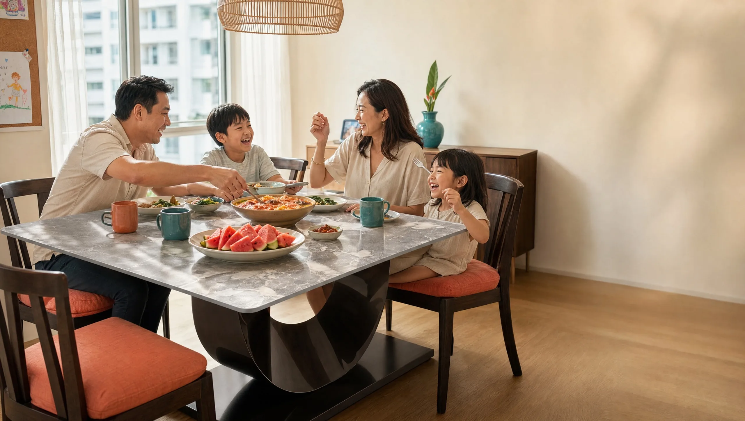 Family sharing a lively meal at a Megahome dining table