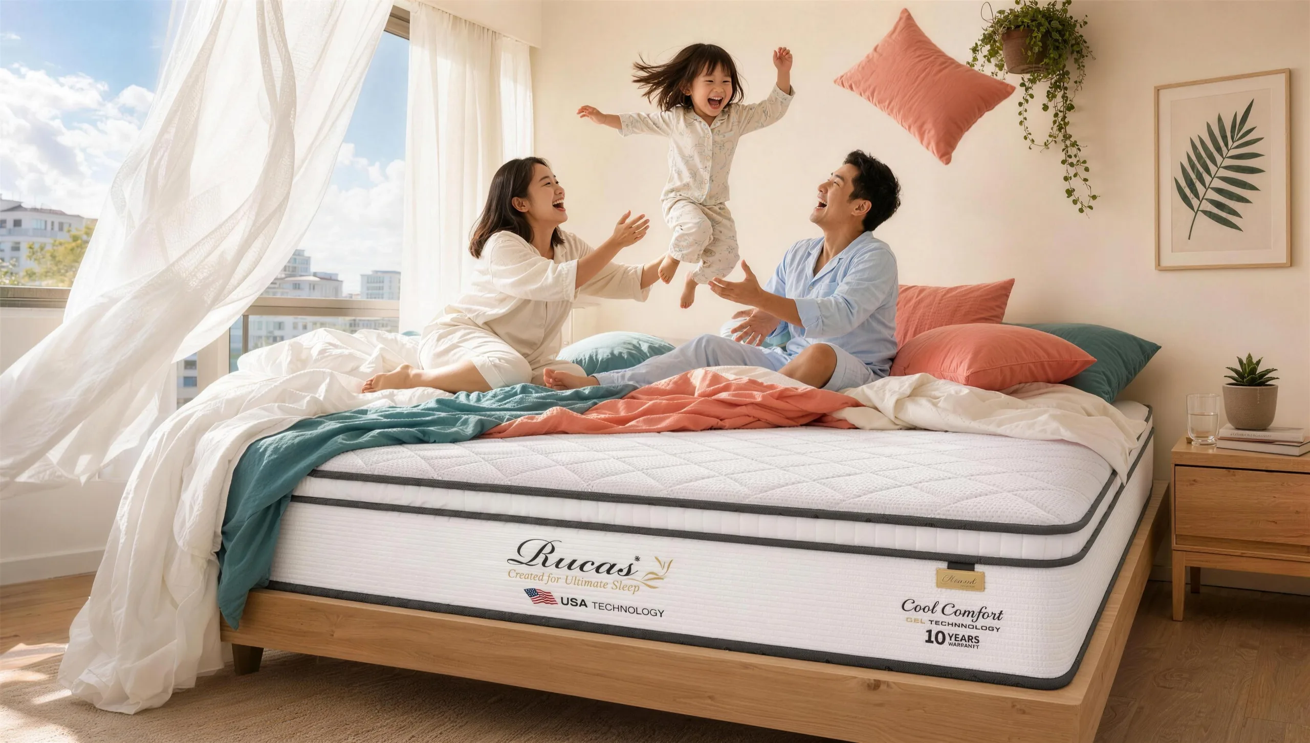 Family enjoying a playful morning on a Megahome mattress