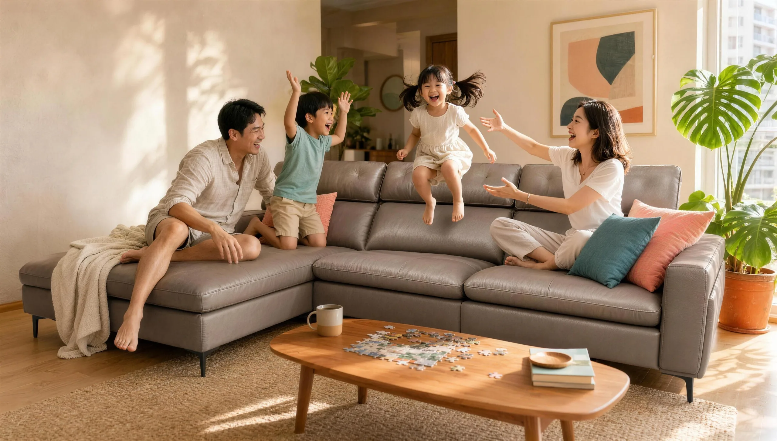 Happy Singaporean family having fun together on a Megahome sofa