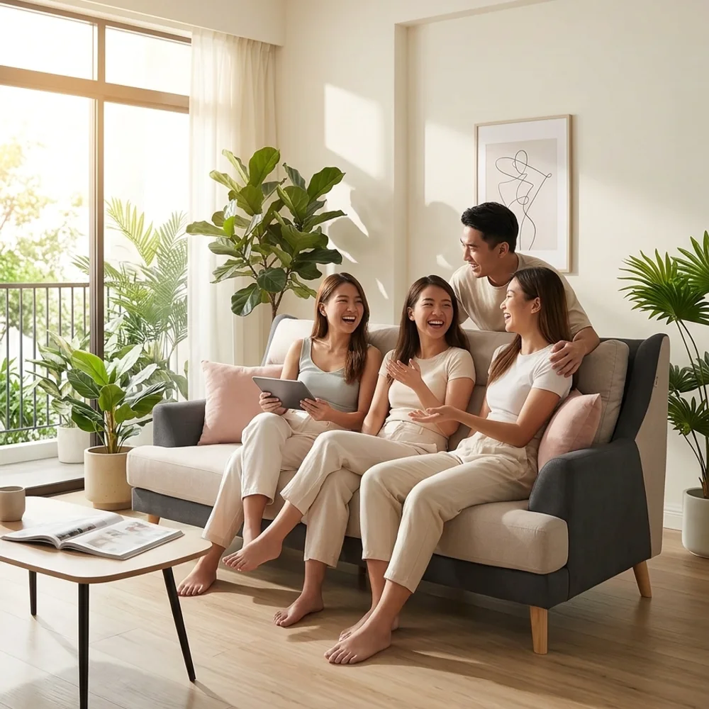 3 Seater Detachable Cushion Fabric Sofa in a bright Singapore home