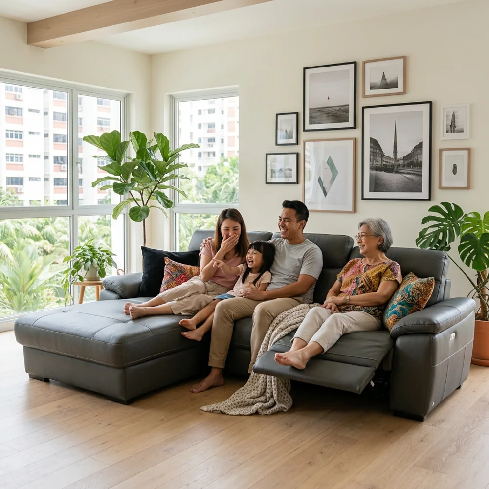 Ethereal L-Shaped Recliner Sofa in a bright Singapore home