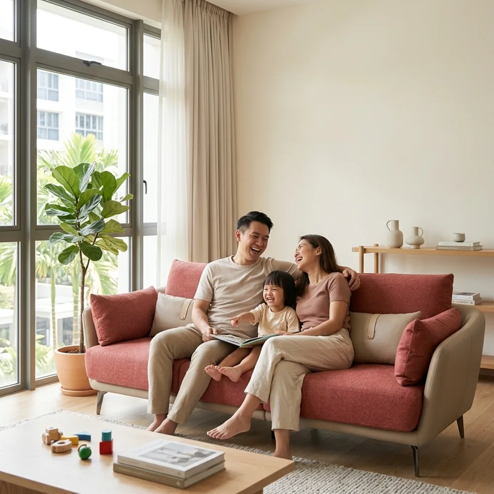Euro 3 Seater Sofa, Leather & Fabric Combination in a bright Singapore home