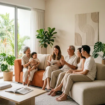5 Seater Full Fabric Curved Sofa in a bright Singapore home