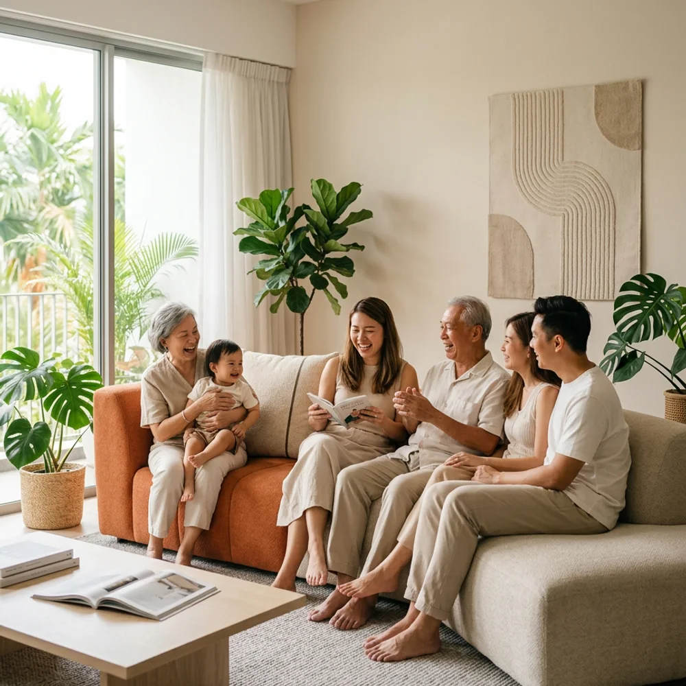 5 Seater Full Fabric Curved Sofa in a bright Singapore home