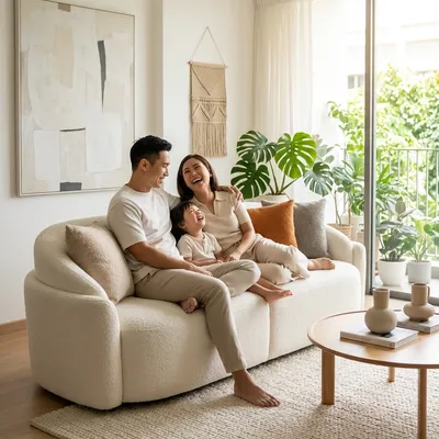 Full Fabric 3 Seater Curved Sofa in a bright Singapore home