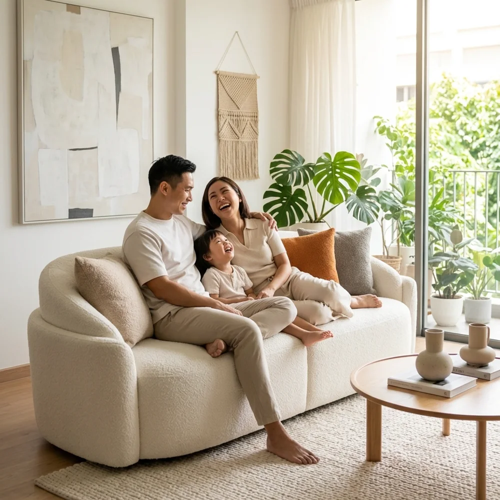 Full Fabric 3 Seater Curved Sofa in a bright Singapore home