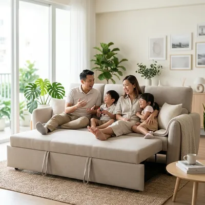 Lira Fabric Sofa Bed in a bright Singapore home