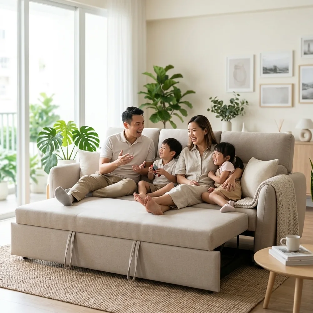 Lira Fabric Sofa Bed in a bright Singapore home