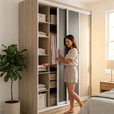 Modern Two-Tone Sliding Wardrobe in a bright Singapore home