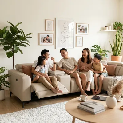Nexo Fabric Recliner Corner Sofa in a bright Singapore home