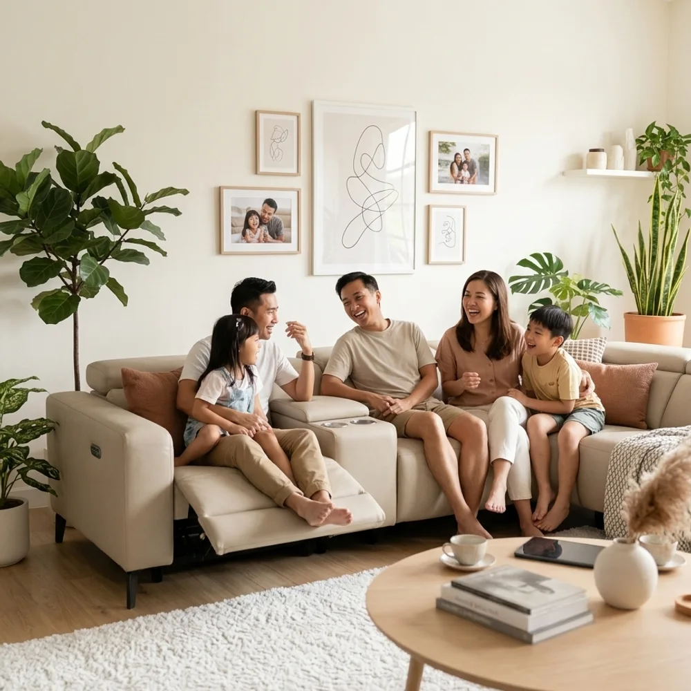 Nexo Fabric Recliner Corner Sofa in a bright Singapore home