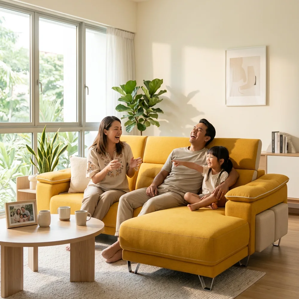 L-Shape Slider Sofa, Pet Friendly Fabric in a bright Singapore home