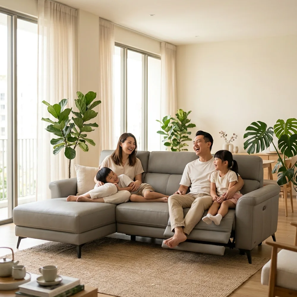 Primo L-Shape Half Leather Recliner Sofa in a bright Singapore home
