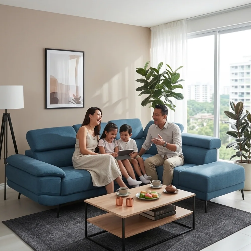 Rilo L-Shape Fabric Sofa in a bright Singapore home