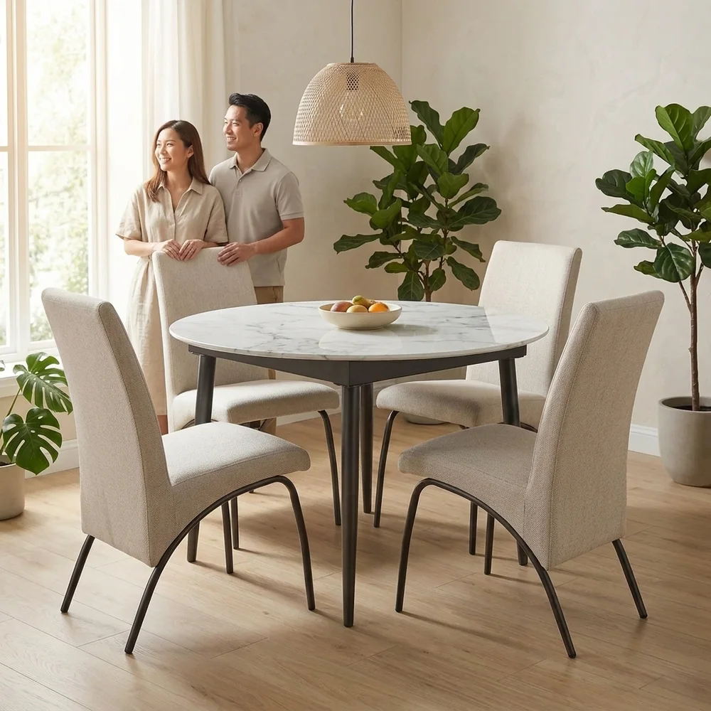 Compact Extendable Round Sintered Stone Dining Set in a bright Singapore home
