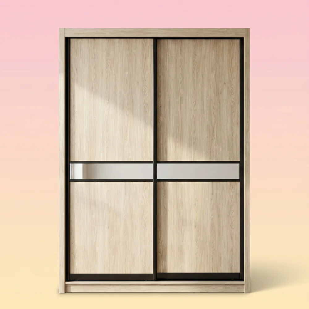 Scandinavian Light Oak Sliding Door Wardrobe with Black Trim