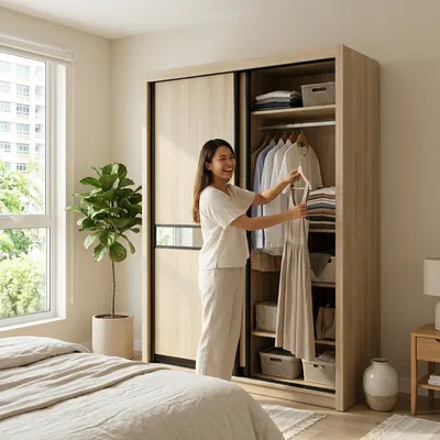 Scandinavian Light Oak Sliding Door Wardrobe with Black Trim in a bright Singapore home