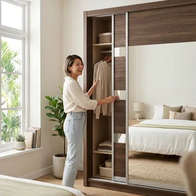 Urban Walnut Sliding Door Designer Wardrobe in a bright Singapore home